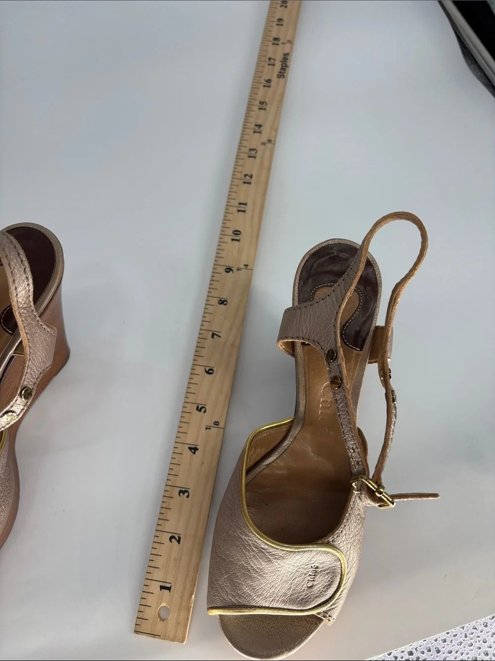 Chloe leather Metallic Peep Toe Ankle Strap Wooden Wedge rare sandal shoes 36